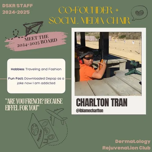 Profile of the Club Co-Founder and Social Media Chair of Dermatology Club, Charlton Tran.