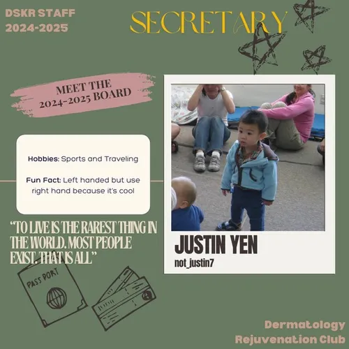Profile of the Club Secretary of Dermatology Club, Justin Yen.